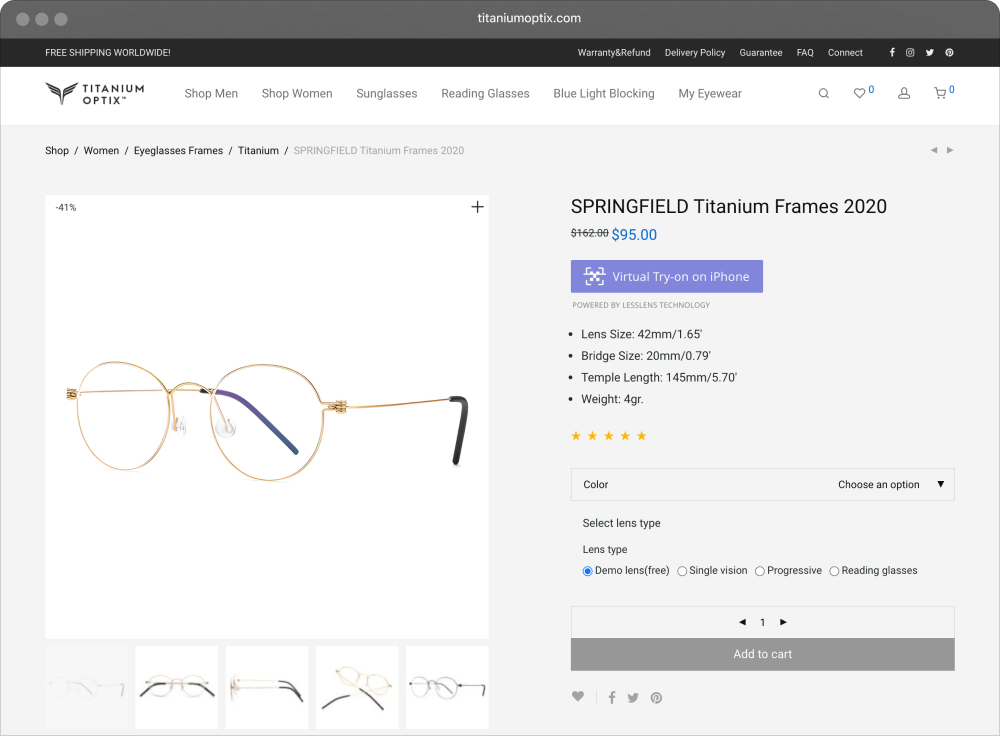 A Titanium Optix product page with a LessLens Virtual Try-on button next to the price